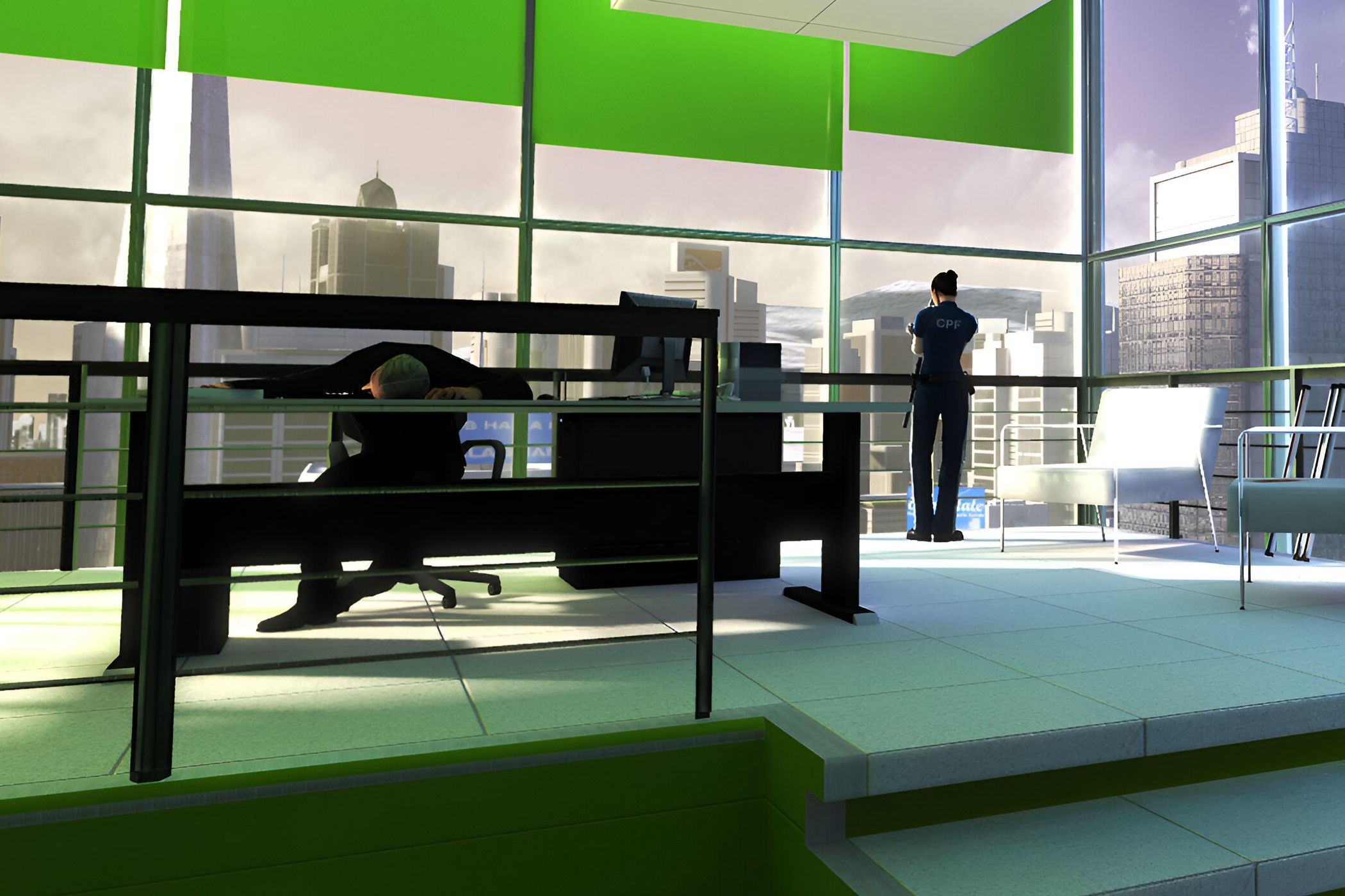 A screenshot from the game Mirror's Edge, showing a clean, white-tiled room with green-painted windows, as a man's corpse leans against a table, and a female cop looks over the cityscape in the background.