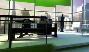 A screenshot from the game Mirror's Edge, showing a clean, white-tiled room with green-painted windows, as a man's corpse leans against a table, and a female cop looks over the cityscape in the background.