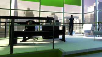 A screenshot from the game Mirror's Edge, showing a clean, white-tiled room with green-painted windows, as a man's corpse leans against a table, and a female cop looks over the cityscape in the background.