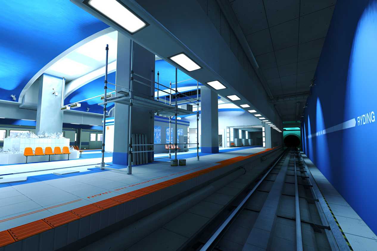 A screenshot from the game Mirror's Edge, showing a subway station bathed in blue and white colors.