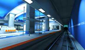 A screenshot from the game Mirror's Edge, showing a subway station bathed in blue and white colors.