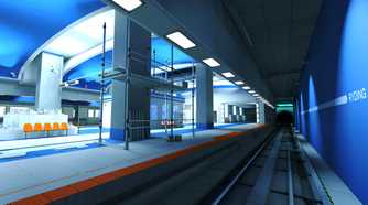A screenshot from the game Mirror's Edge, showing a subway station bathed in blue and white colors.
