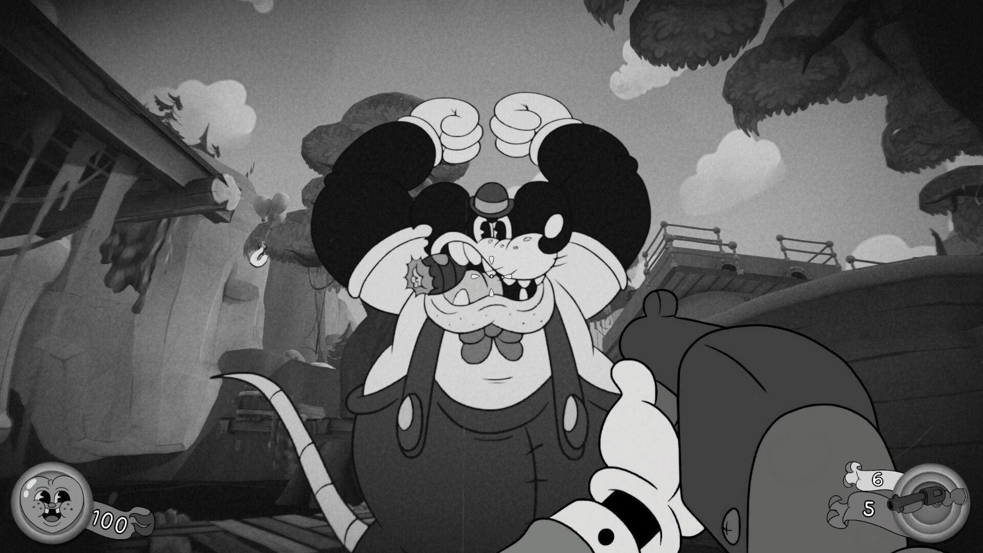 Screenshot from Mouse PI For Hire video game of large 1930s-style animated mouse threatening player character.