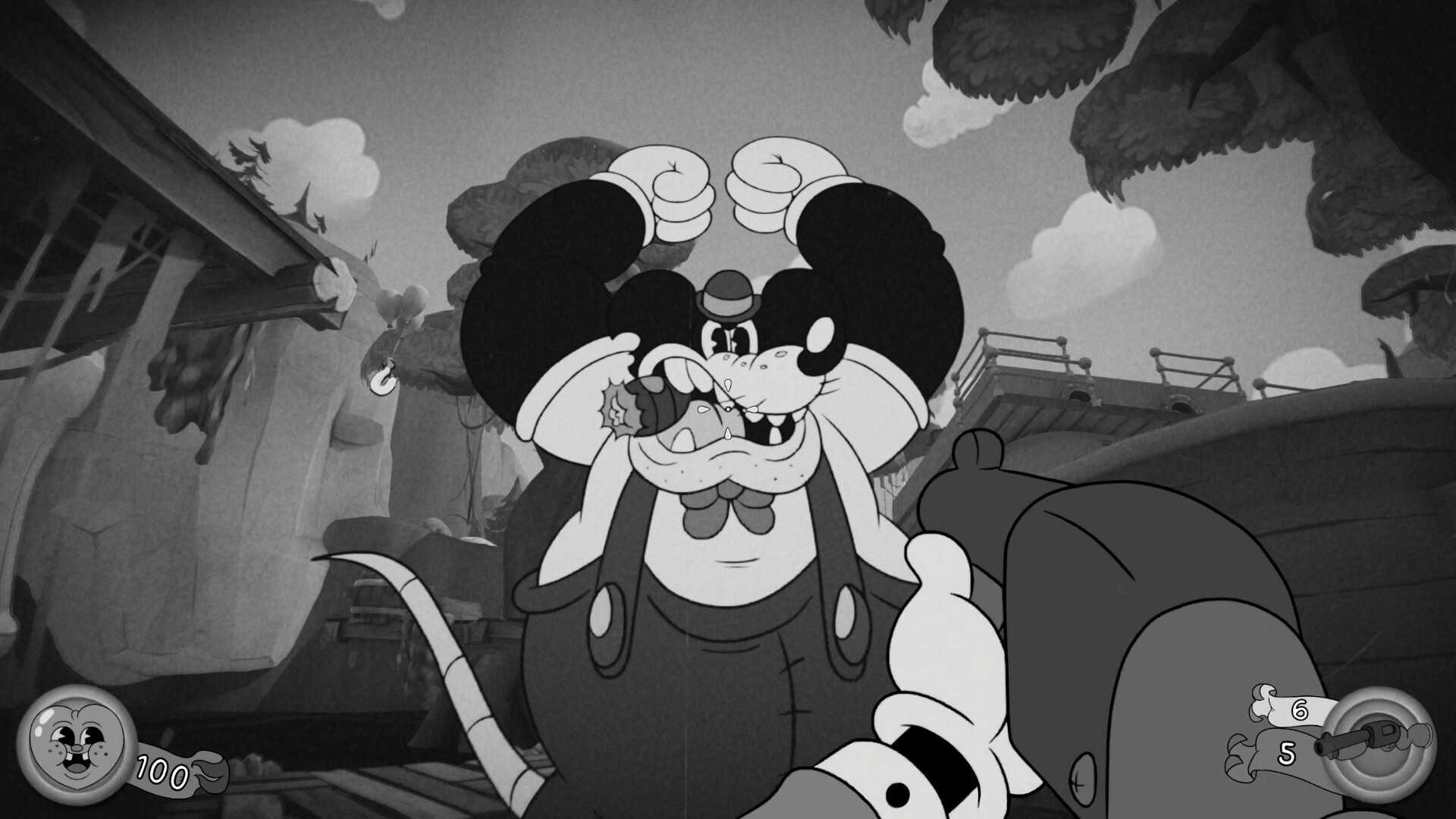 Screenshot from Mouse PI For Hire video game of large 1930s-style animated mouse threatening player character.