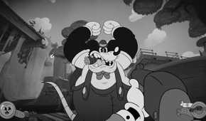 Screenshot from Mouse PI For Hire video game of large 1930s-style animated mouse threatening player character.
