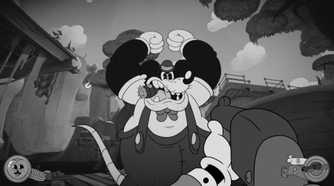 Screenshot from Mouse PI For Hire video game of large 1930s-style animated mouse threatening player character.