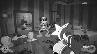 Screenshot from Mouse PI For Hire video game of 1930s-style animated characters in gunfight.