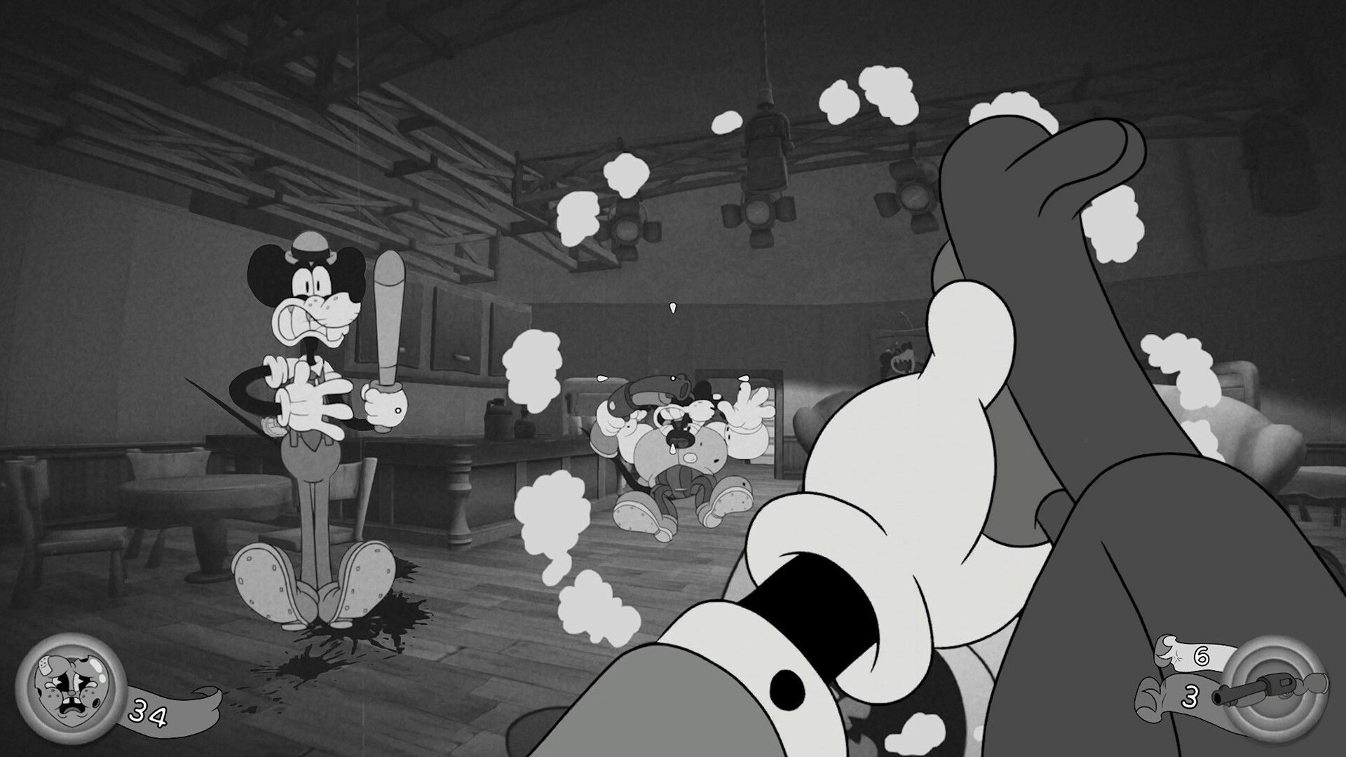 Screenshot from Mouse PI For Hire video game of 1930s-style animated characters in gunfight