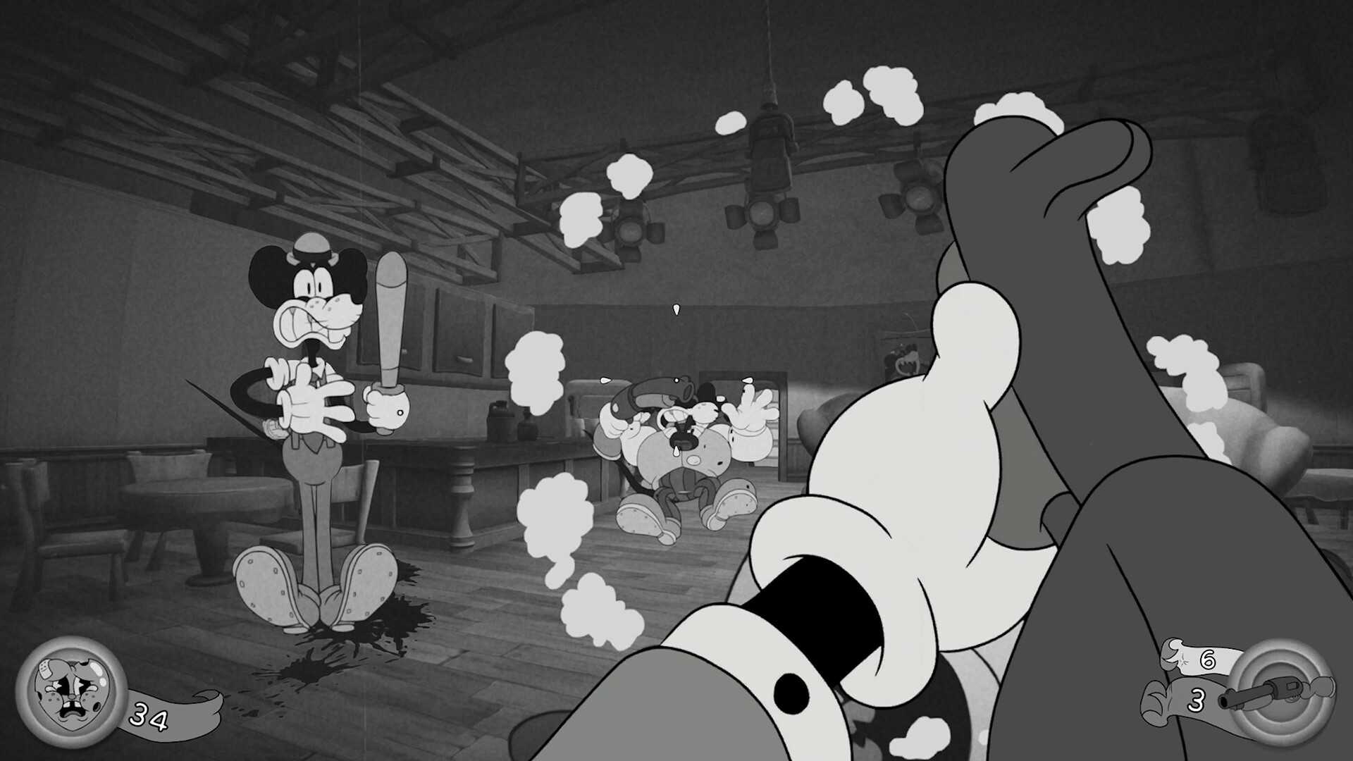 Screenshot from Mouse PI For Hire video game of 1930s-style animated characters in gunfight