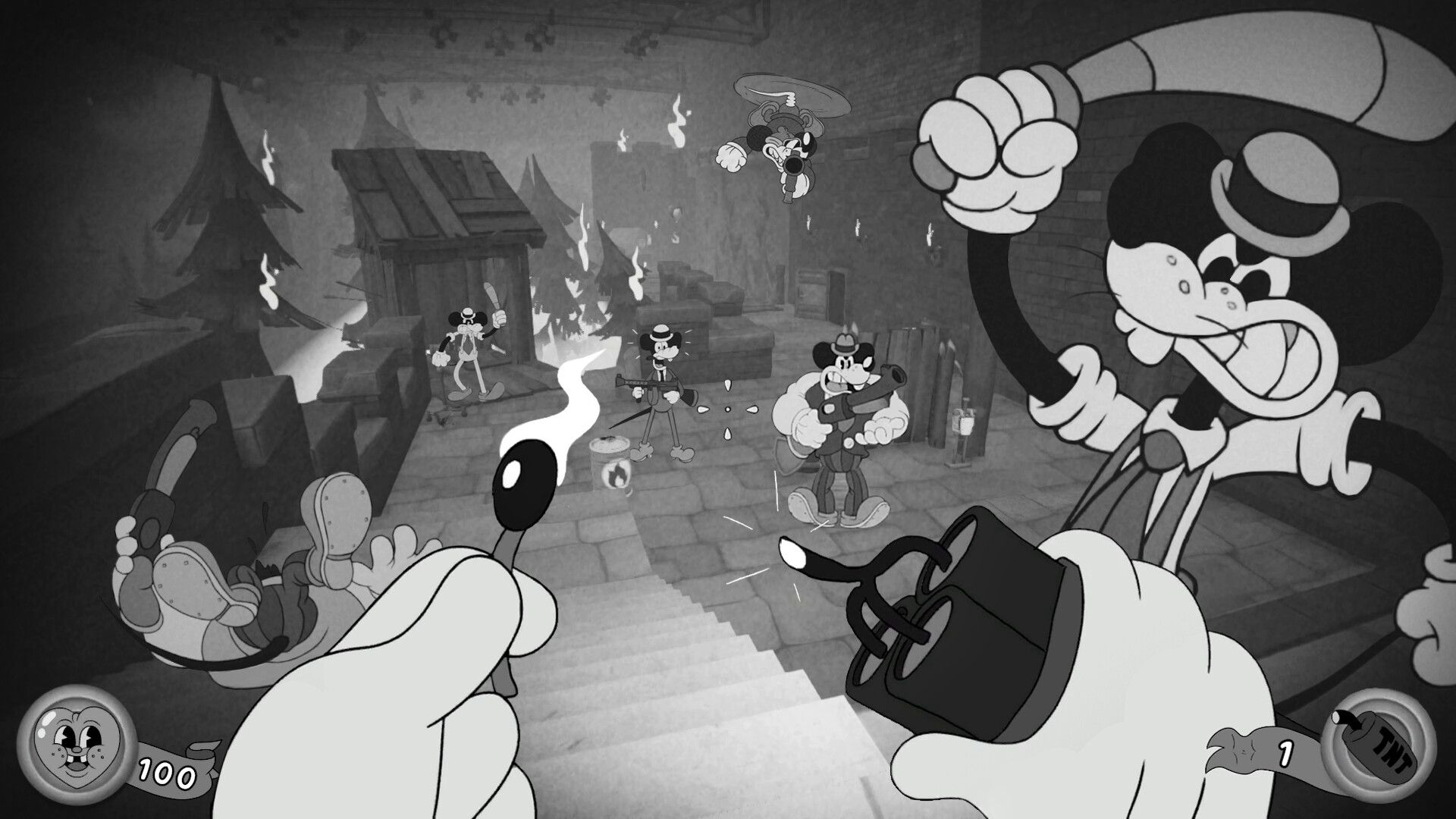 Screenshot from Mouse PI For Hire video game of 1930s-style animated characters fighting with one lighting a bomb and another swinging a bat.