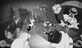 Screenshot from Mouse PI For Hire video game of 1930s-style animated characters fighting with one lighting a bomb and another swinging a bat.