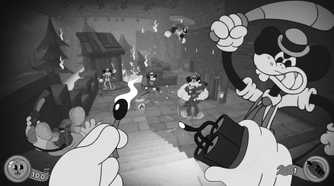 Screenshot from Mouse PI For Hire video game of 1930s-style animated characters fighting with one lighting a bomb and another swinging a bat.