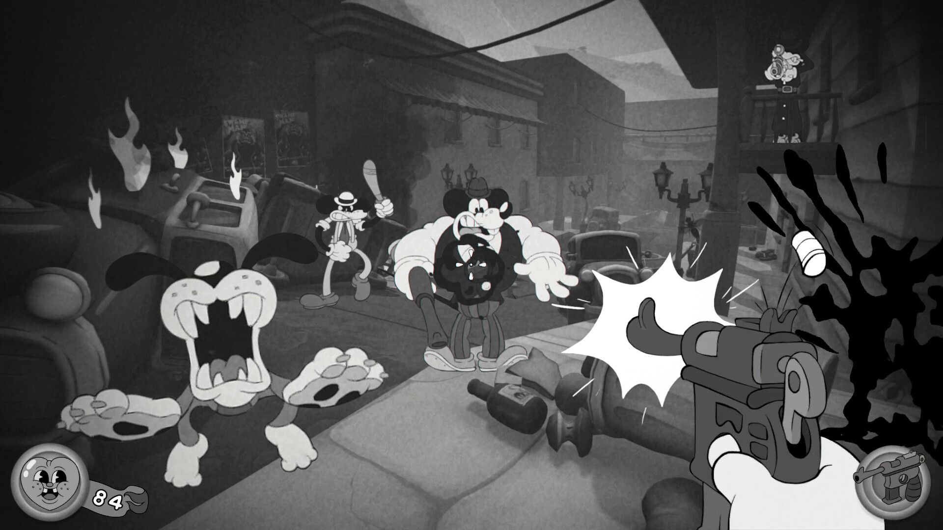 Screenshot from Mouse PI For Hire video game of 1930s-style animated characters on city street in animated gun fight,