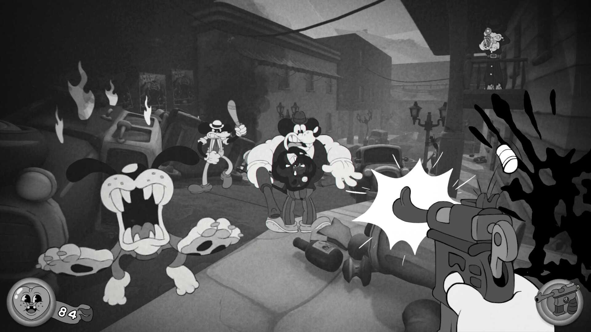 Screenshot from Mouse PI For Hire video game of 1930s-style animated characters on city street in animated gun fight,
