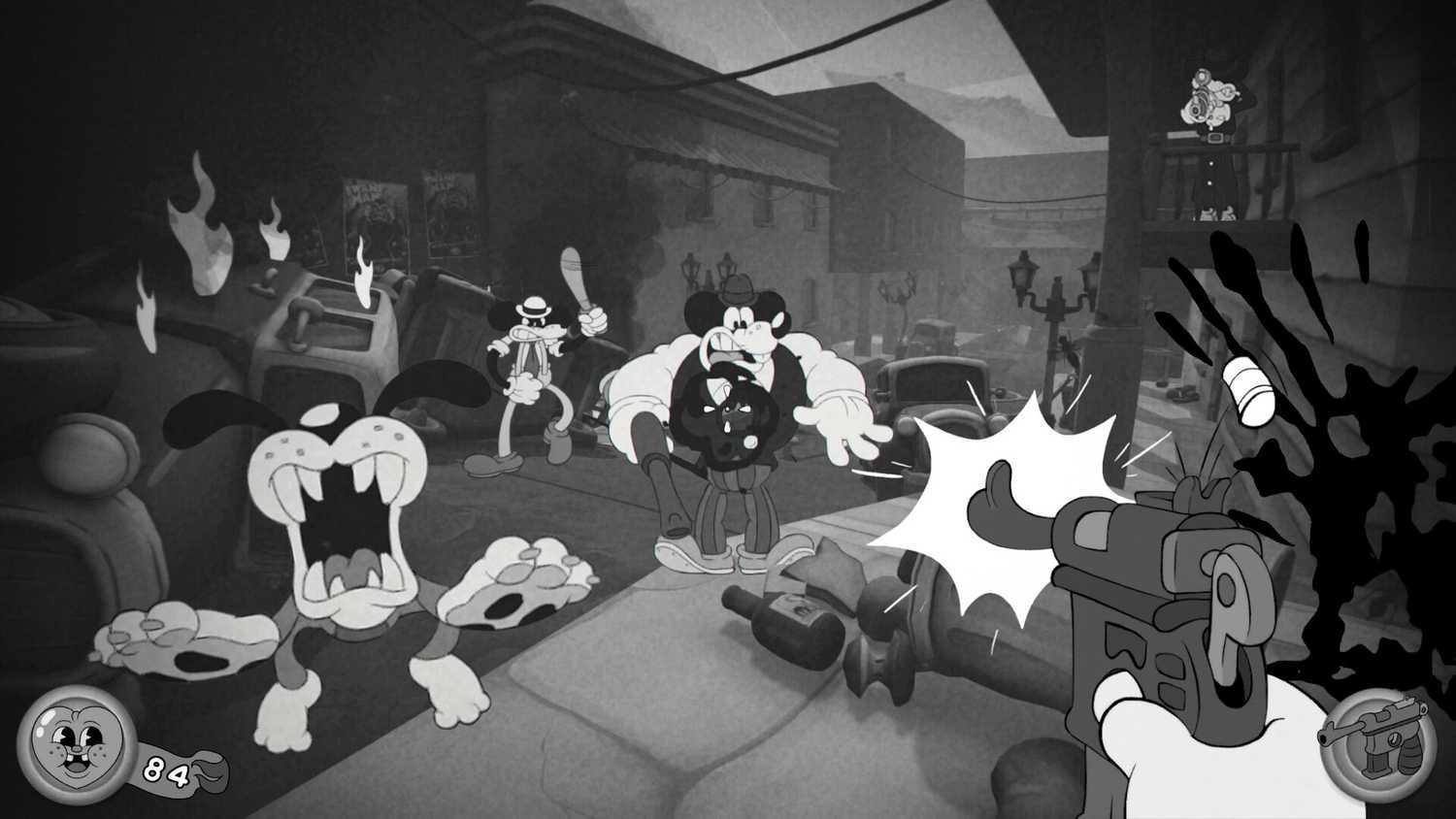 Screenshot from Mouse PI For Hire video game of 1930s-style animated characters on city street in animated gun fight,