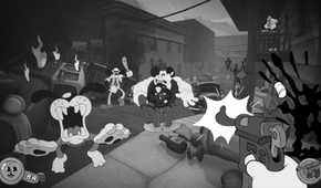 Screenshot from Mouse PI For Hire video game of 1930s-style animated characters on city street in animated gun fight,