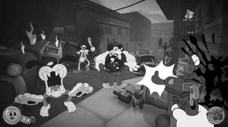 Screenshot from Mouse PI For Hire video game of 1930s-style animated characters on city street in animated gun fight,