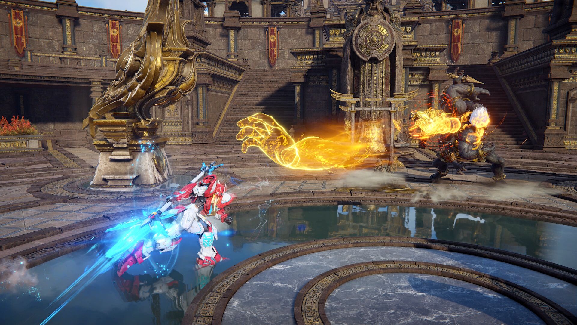 Screenshot from video game Naraka: Bladepoint of two characters fighting with magical abilities in a fantastical arena setting.
