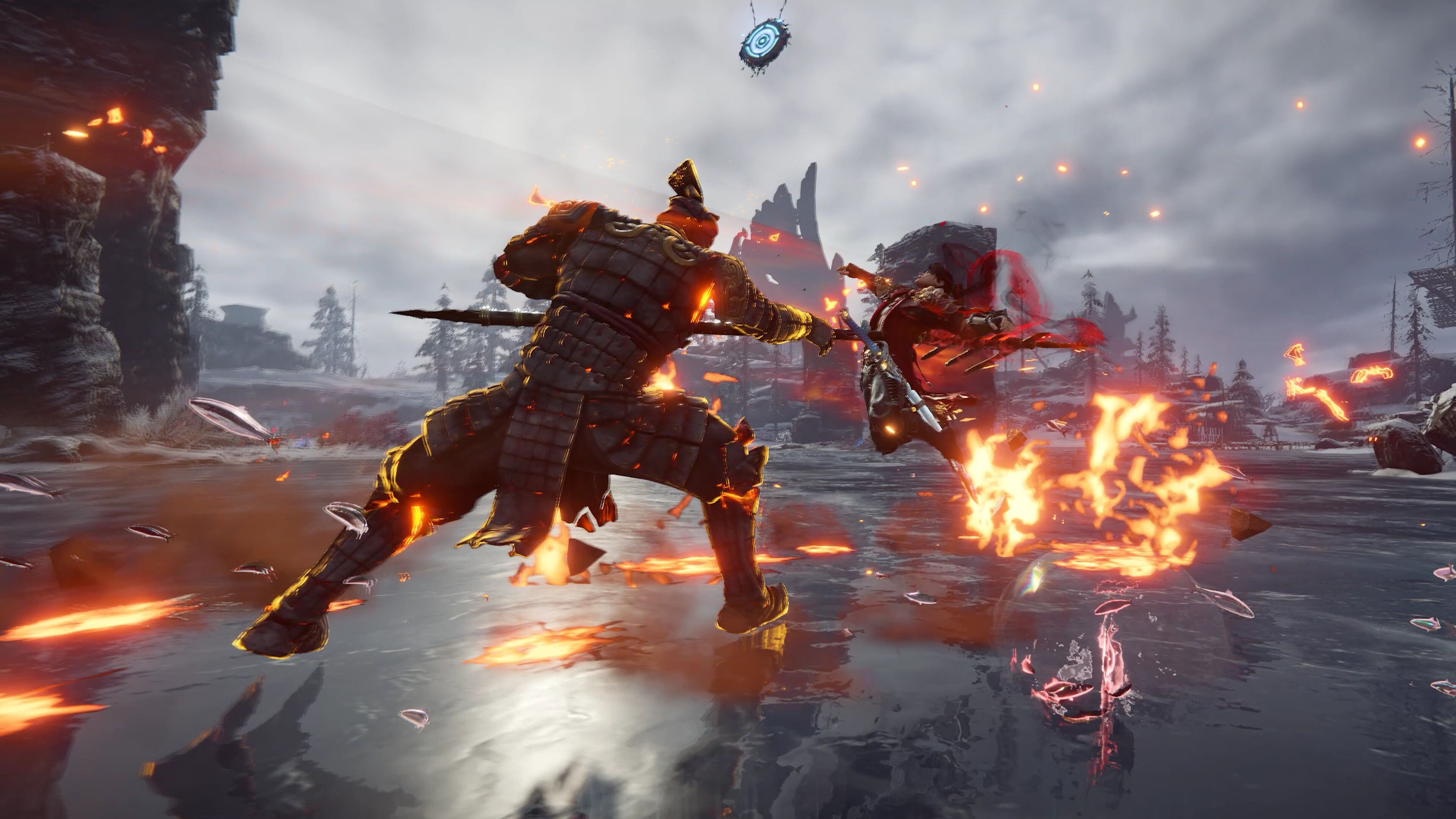 Screenshot from Naraka: Bladepoint video game of a character fighting with a spear, thrusting forward while flames swirl around them.