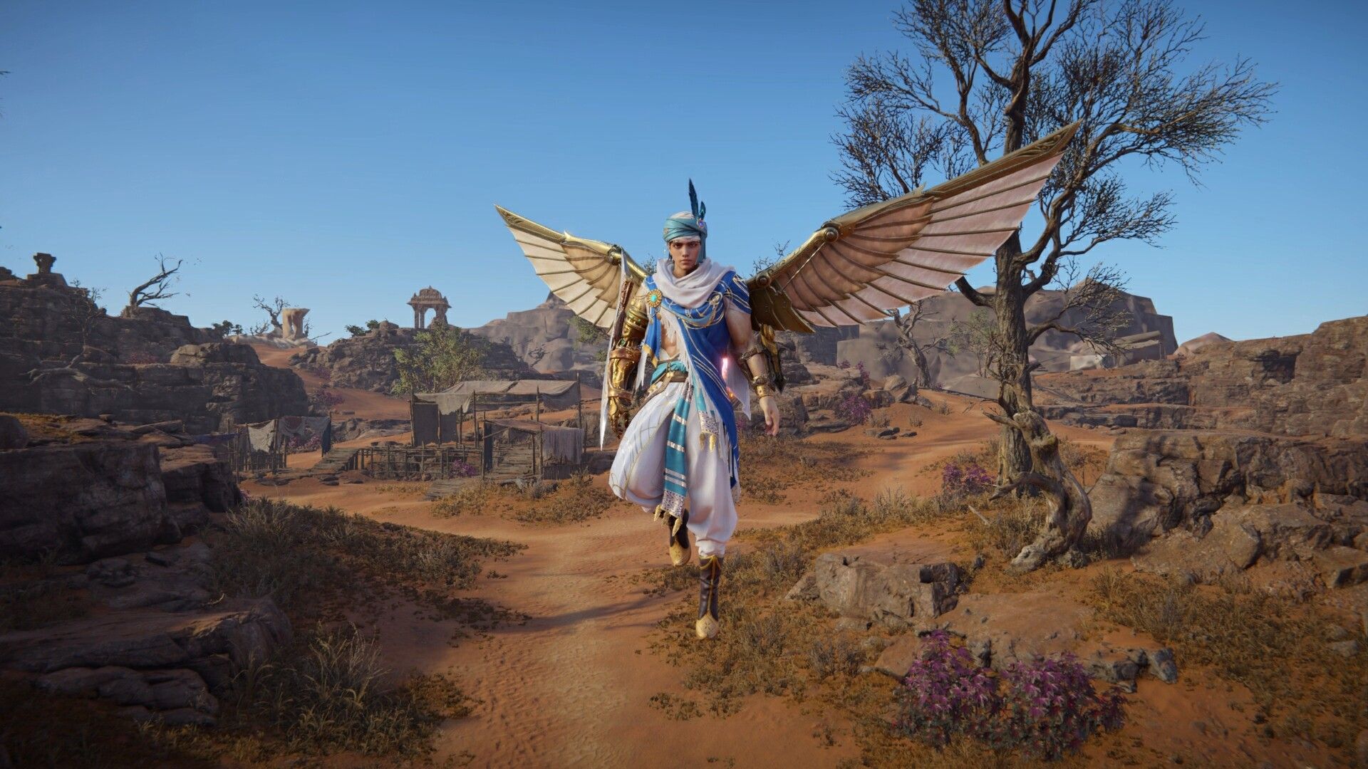 Screenshot from Naraka: Bladepoint video game of character with wings floating in air above desert setting.