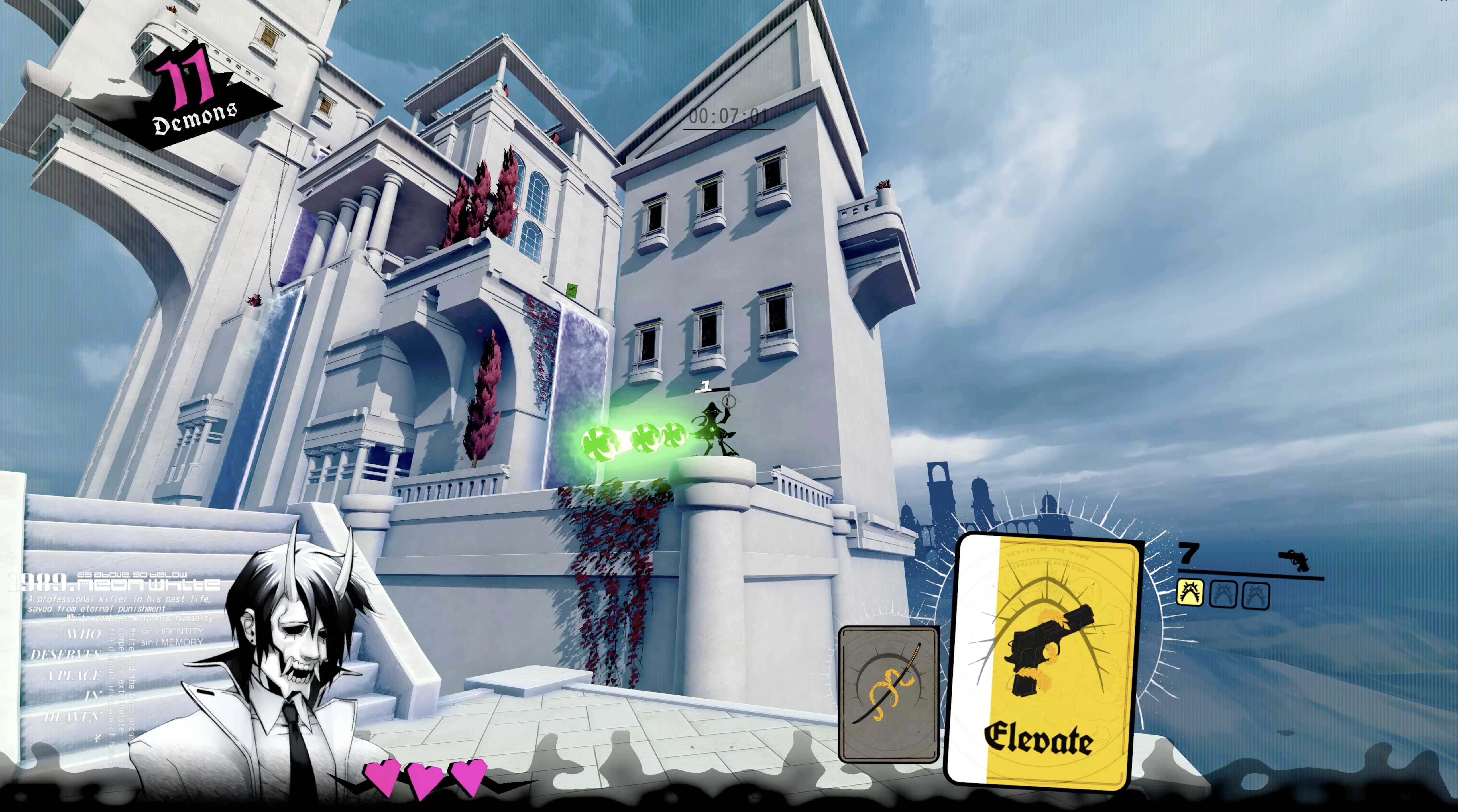 Screenshot from Neon White video game of character firing at demon in exterior setting of white building.