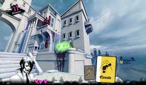 Screenshot from Neon White video game of character firing at demon in exterior setting of white building.