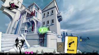 Screenshot from Neon White video game of character firing at demon in exterior setting of white building.