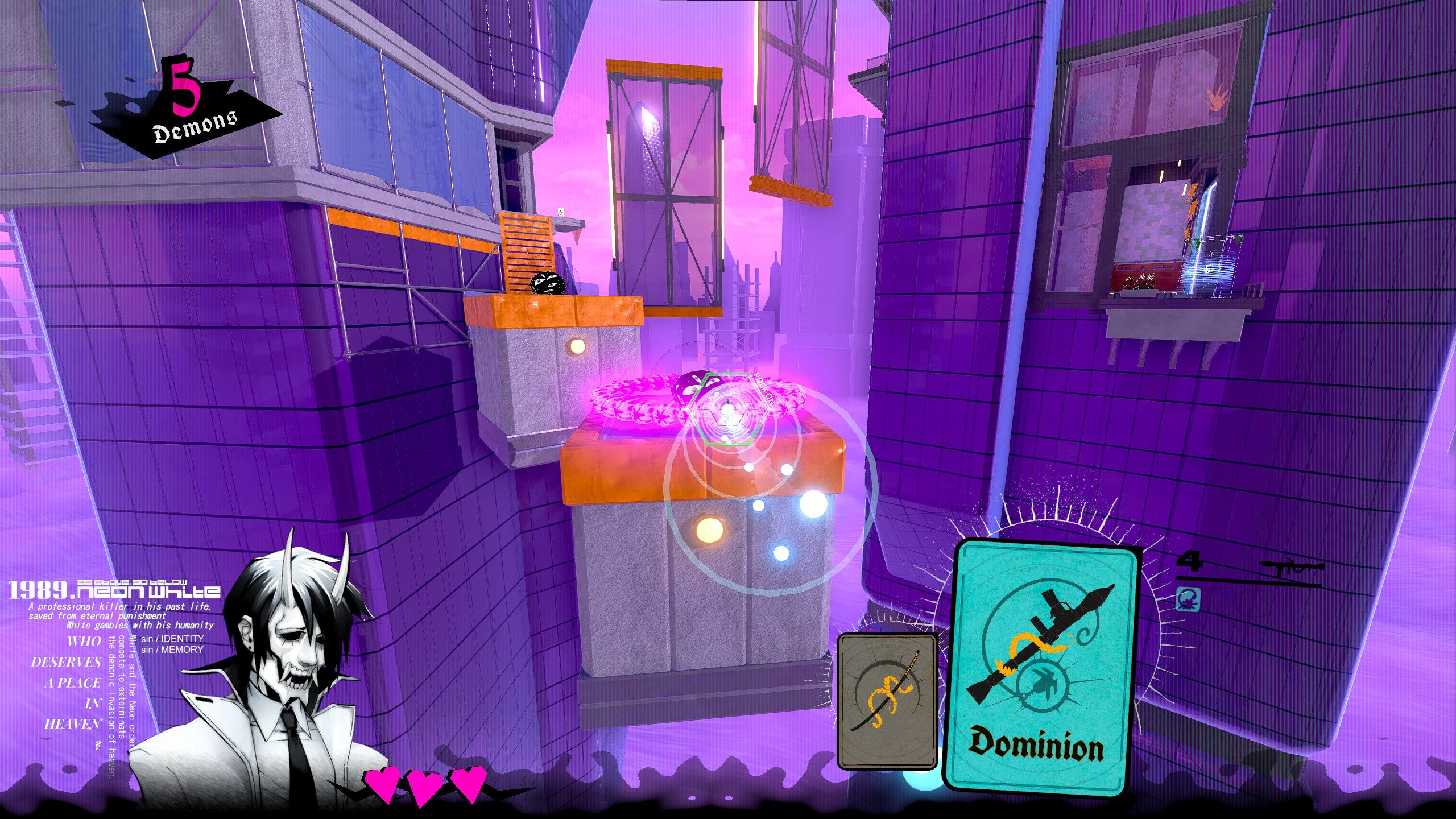 Screenshot from Neon White video game of character jumping across platforms in high-rise setting
