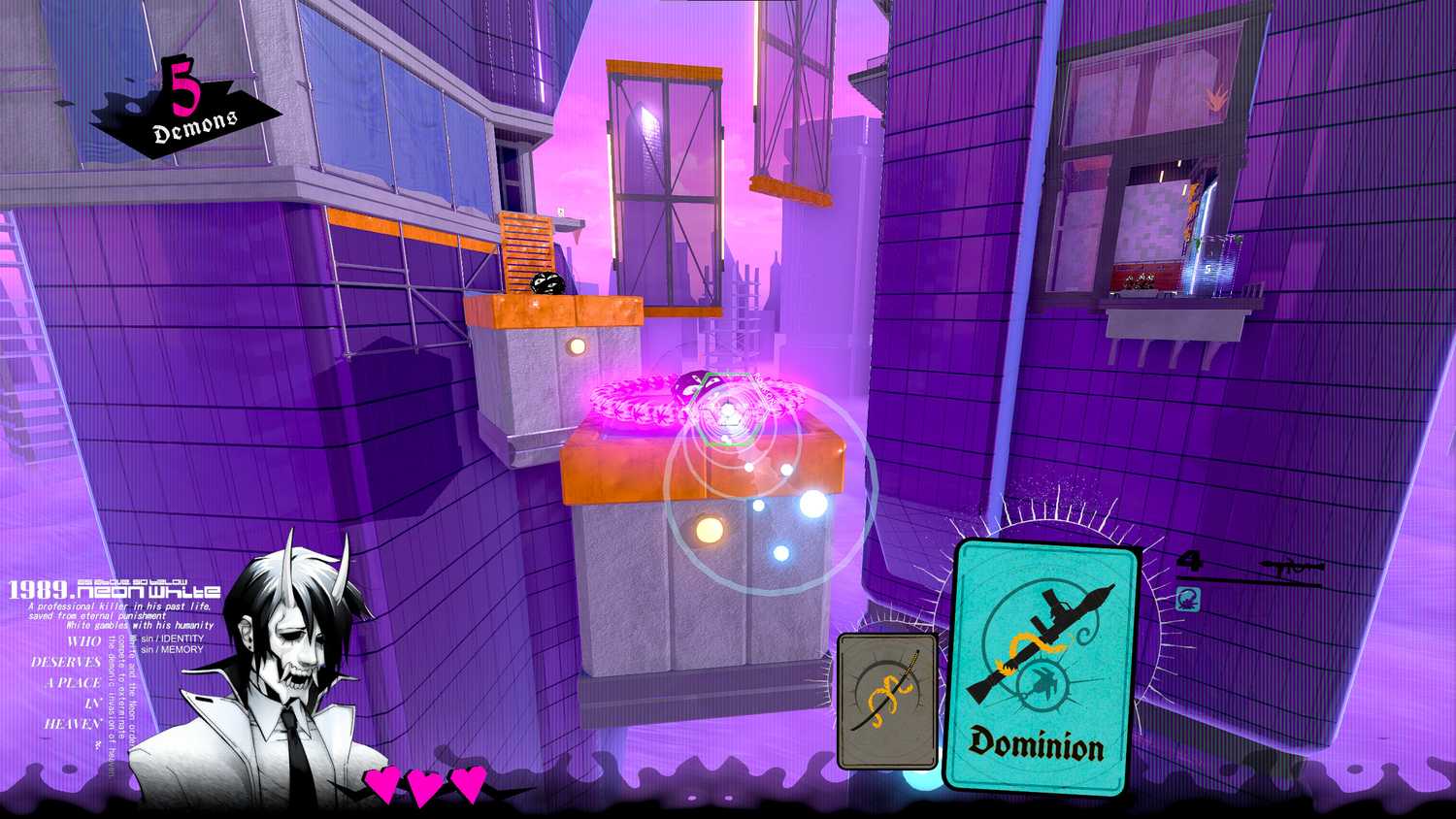 Screenshot from Neon White video game of character jumping across platforms in high-rise setting