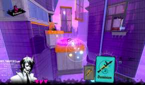 Screenshot from Neon White video game of character jumping across platforms in high-rise setting