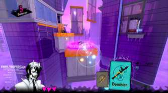 Screenshot from Neon White video game of character jumping across platforms in high-rise setting