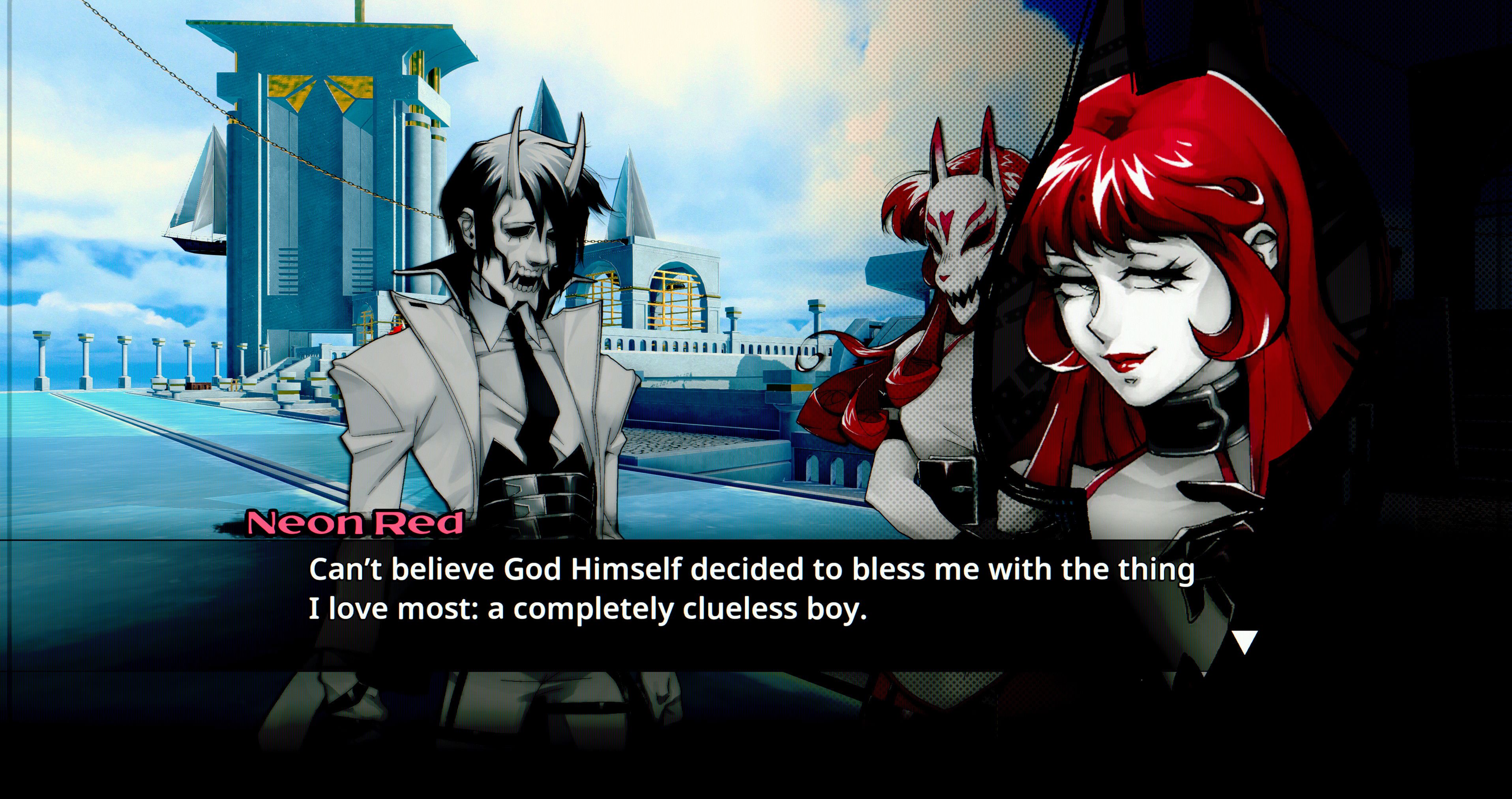 Screenshot from Neon White video game of two characters talking