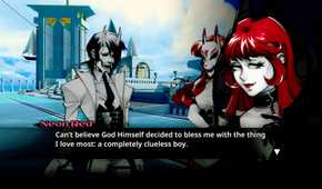 Screenshot from Neon White video game of two characters talking