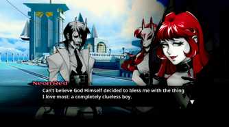 Screenshot from Neon White video game of two characters talking