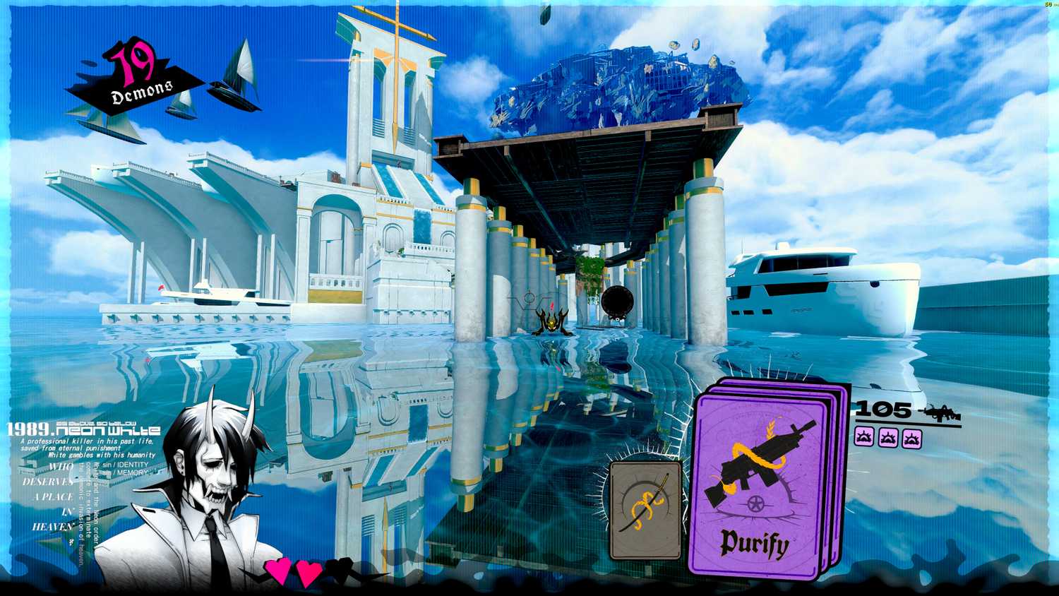 Screenshot from Neon White video game of bright blue-sky setting with glass-like water
