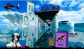 Screenshot from Neon White video game of bright blue-sky setting with glass-like water