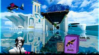 Screenshot from Neon White video game of bright blue-sky setting with glass-like water