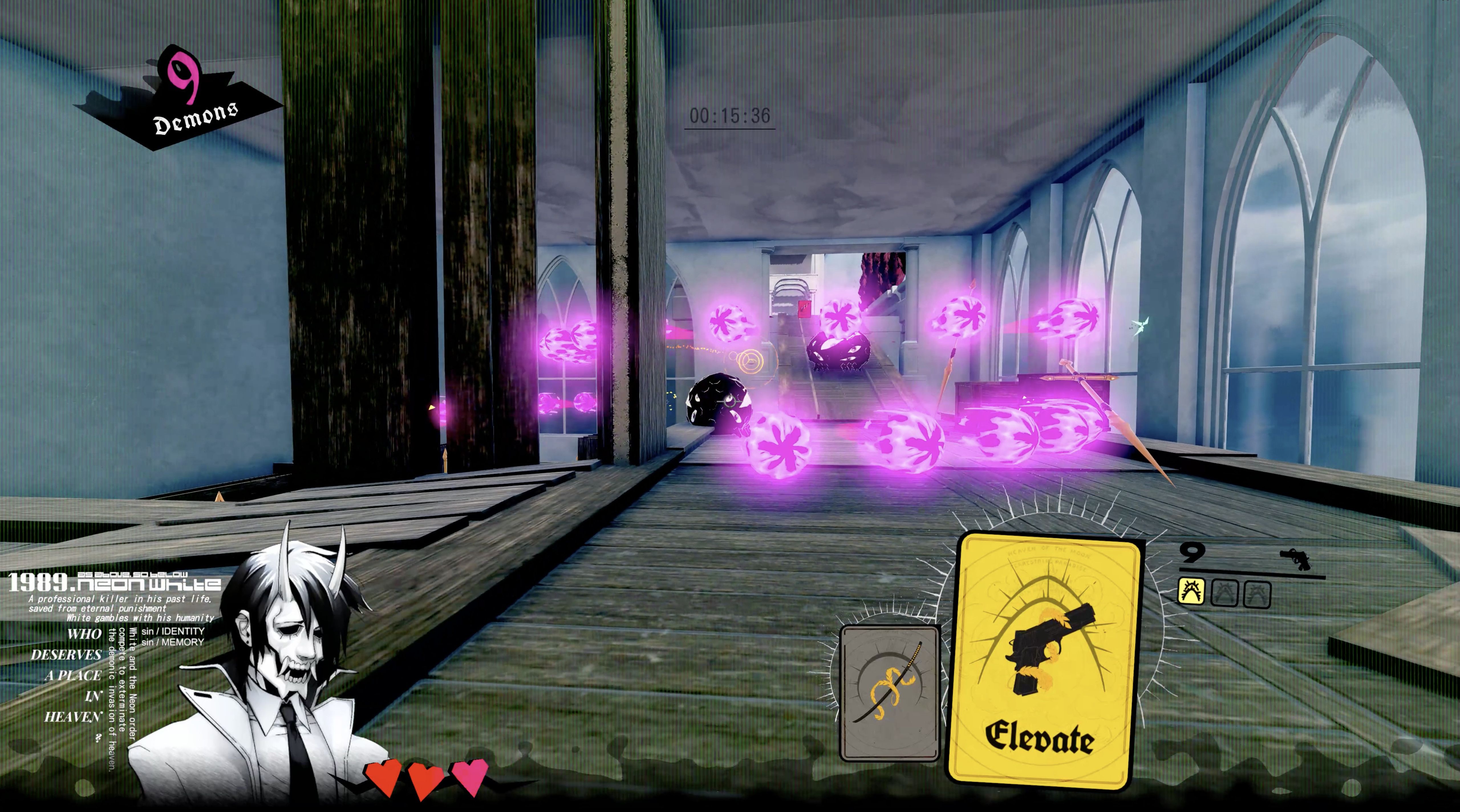 Screenshot from Neon White video game with purple orbs floating towards player character in interior setting.