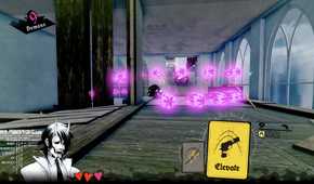 Screenshot from Neon White video game with purple orbs floating towards player character in interior setting.