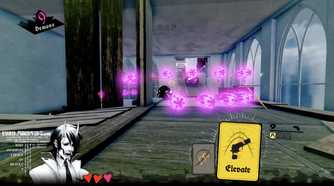 Screenshot from Neon White video game with purple orbs floating towards player character in interior setting.
