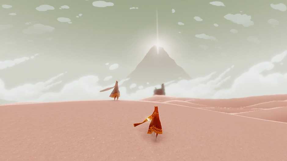 Two characters viewing the mountain destination in Journey