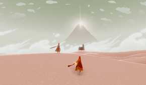 Two characters viewing the mountain destination in Journey