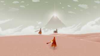 Two characters viewing the mountain destination in Journey