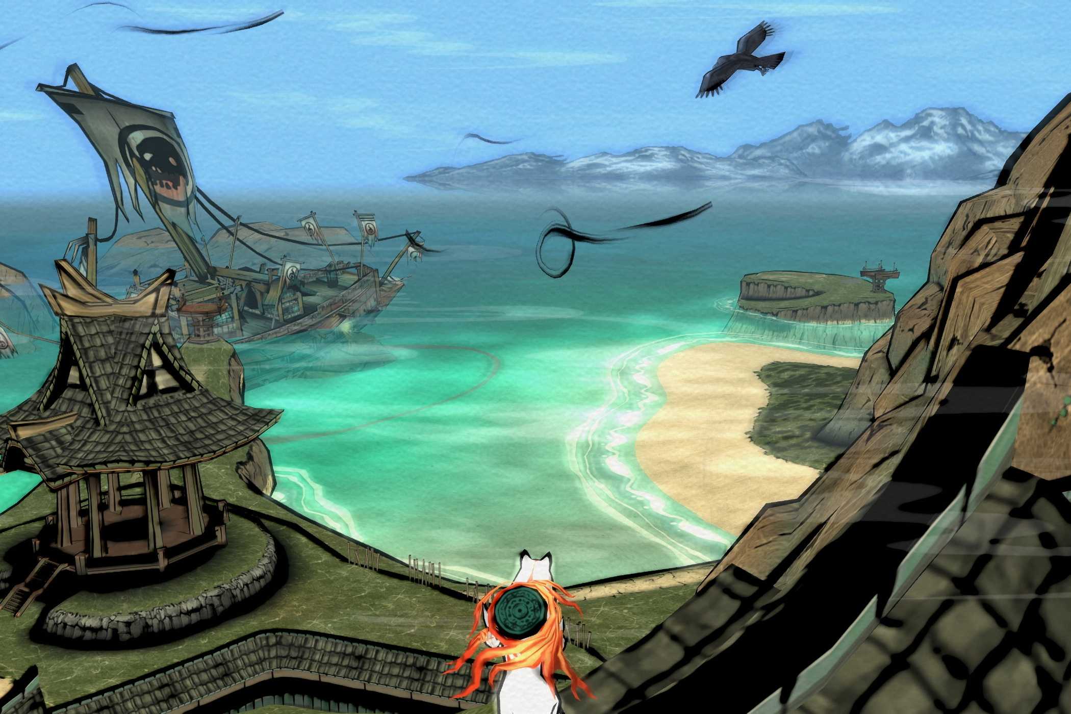 A screenshot from the game Okami, showing a white wolf looking at the seashore with a shipwreck nearby.