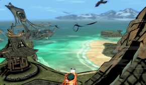 A screenshot from the game Okami, showing a white wolf looking at the seashore with a shipwreck nearby.