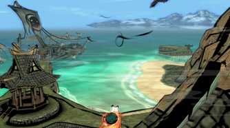 A screenshot from the game Okami, showing a white wolf looking at the seashore with a shipwreck nearby.