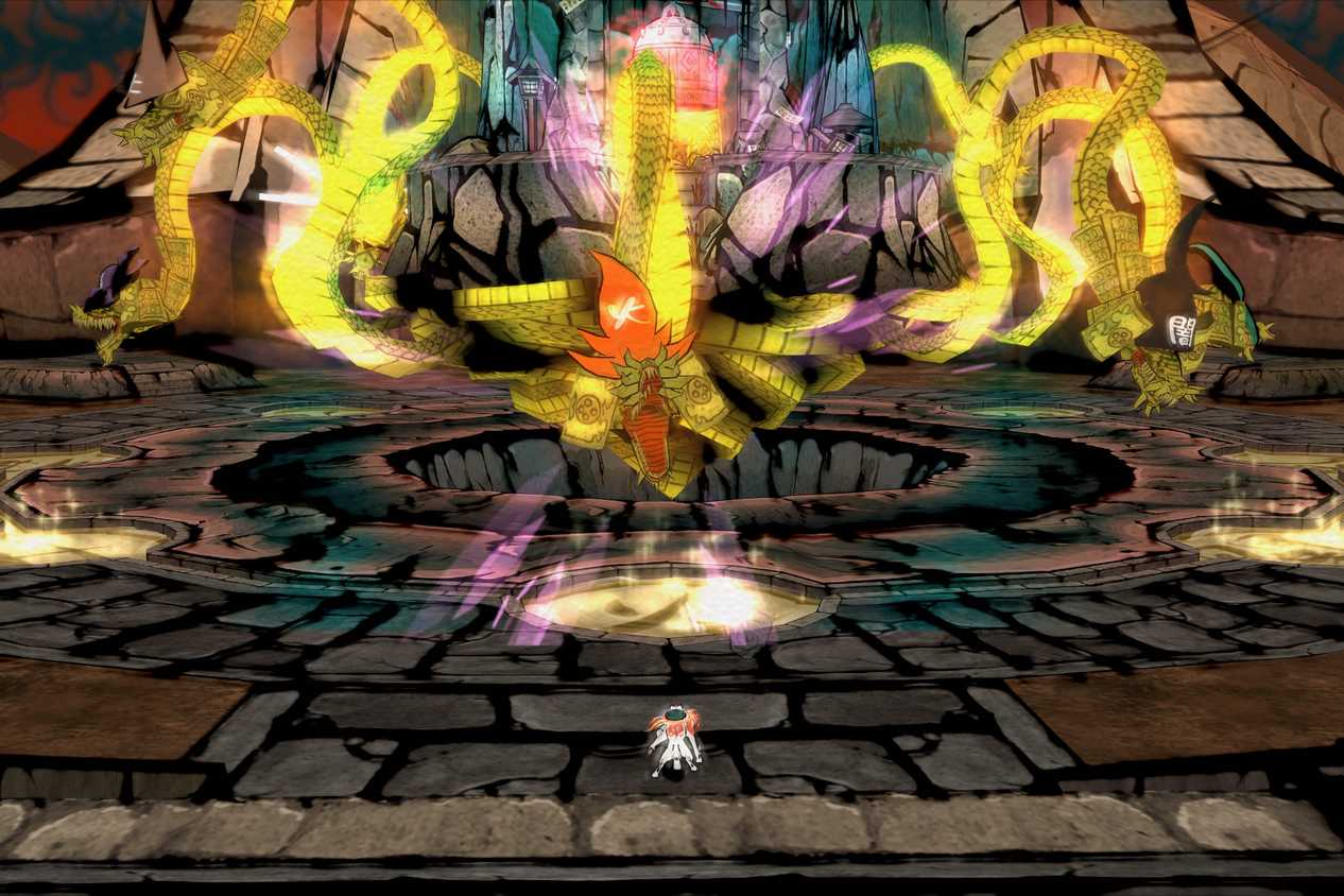 A screenshot from the game Okami, showing Amaterasu, the white wolf, standing against a golden, glowing creature with tentacles.