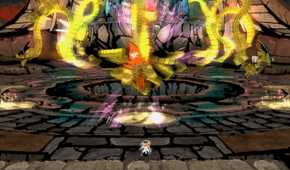 A screenshot from the game Okami, showing Amaterasu, the white wolf, standing against a golden, glowing creature with tentacles.