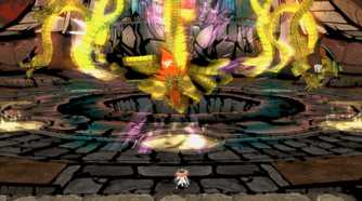 A screenshot from the game Okami, showing Amaterasu, the white wolf, standing against a golden, glowing creature with tentacles.