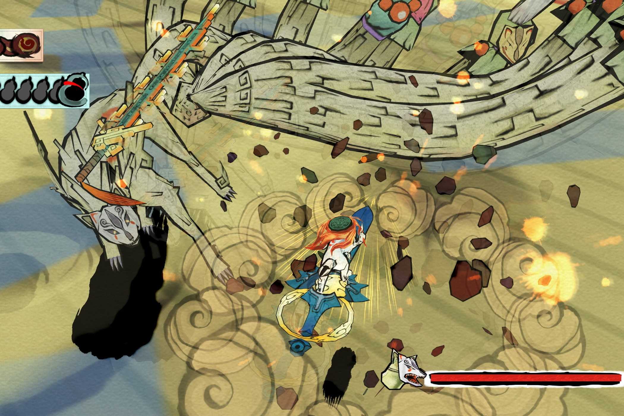 A screenshot from the game Okami, shownig a white wolf a battling a sand-like monstrosity.